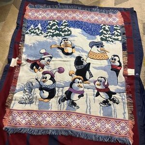 Vintage Crown Crafts winter penguins ice skating snowman tapestry blanket